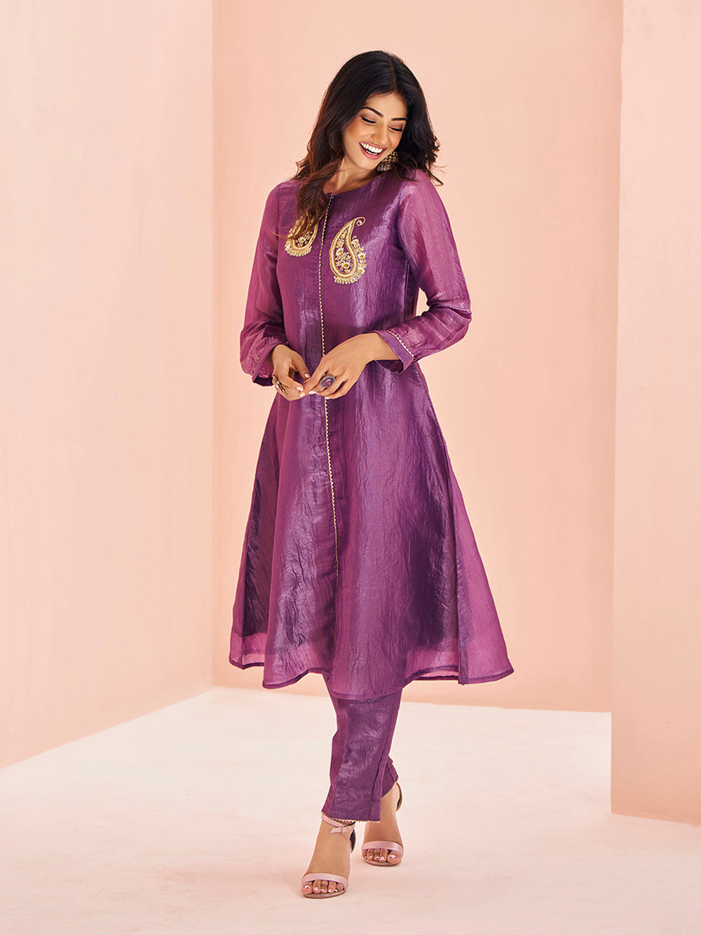 Royal Paisley Embellished Purple Organza Kurta Set for Festive Wear