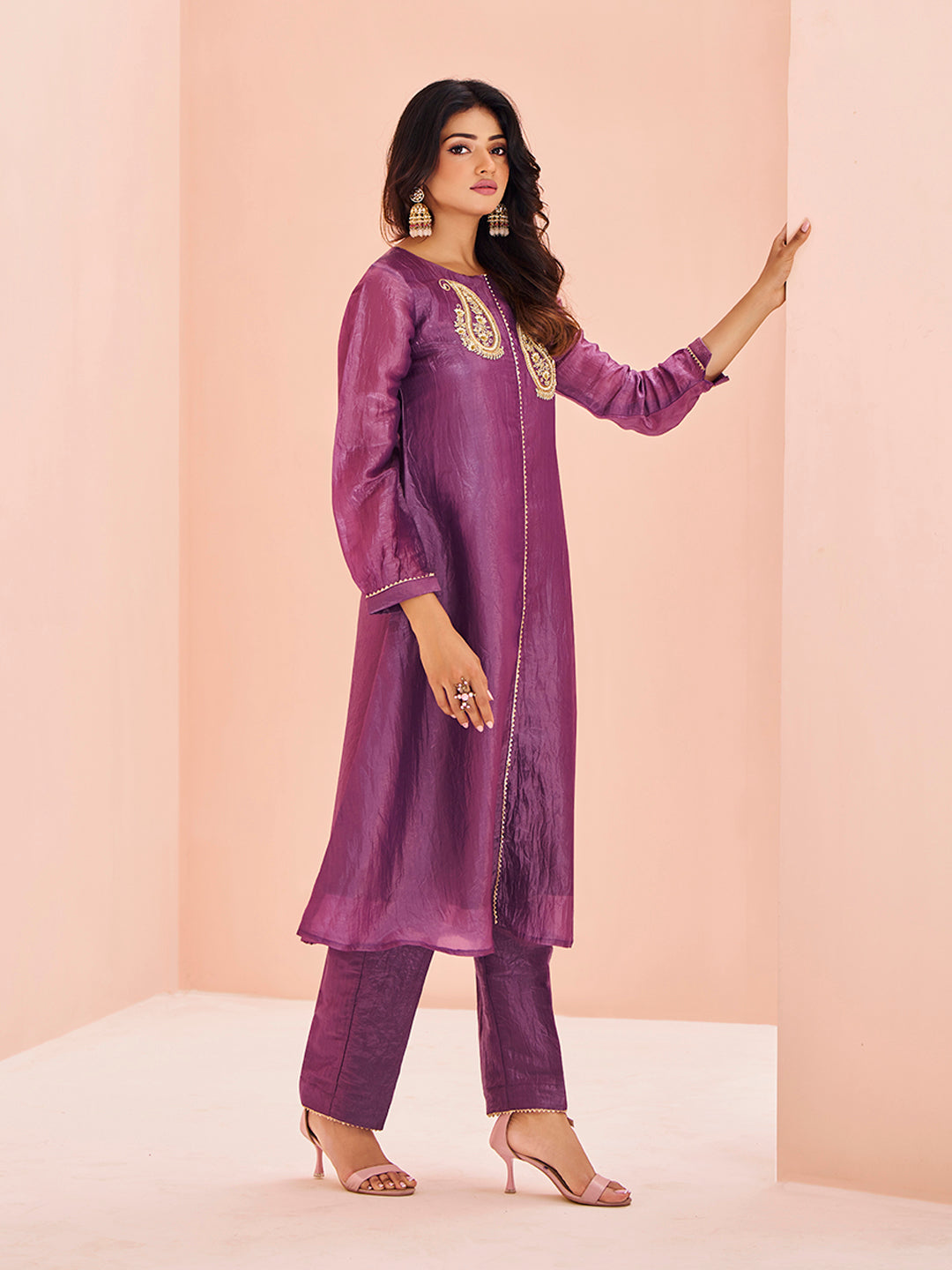 Royal Paisley Embellished Purple Organza Kurta Set for Festive Wear