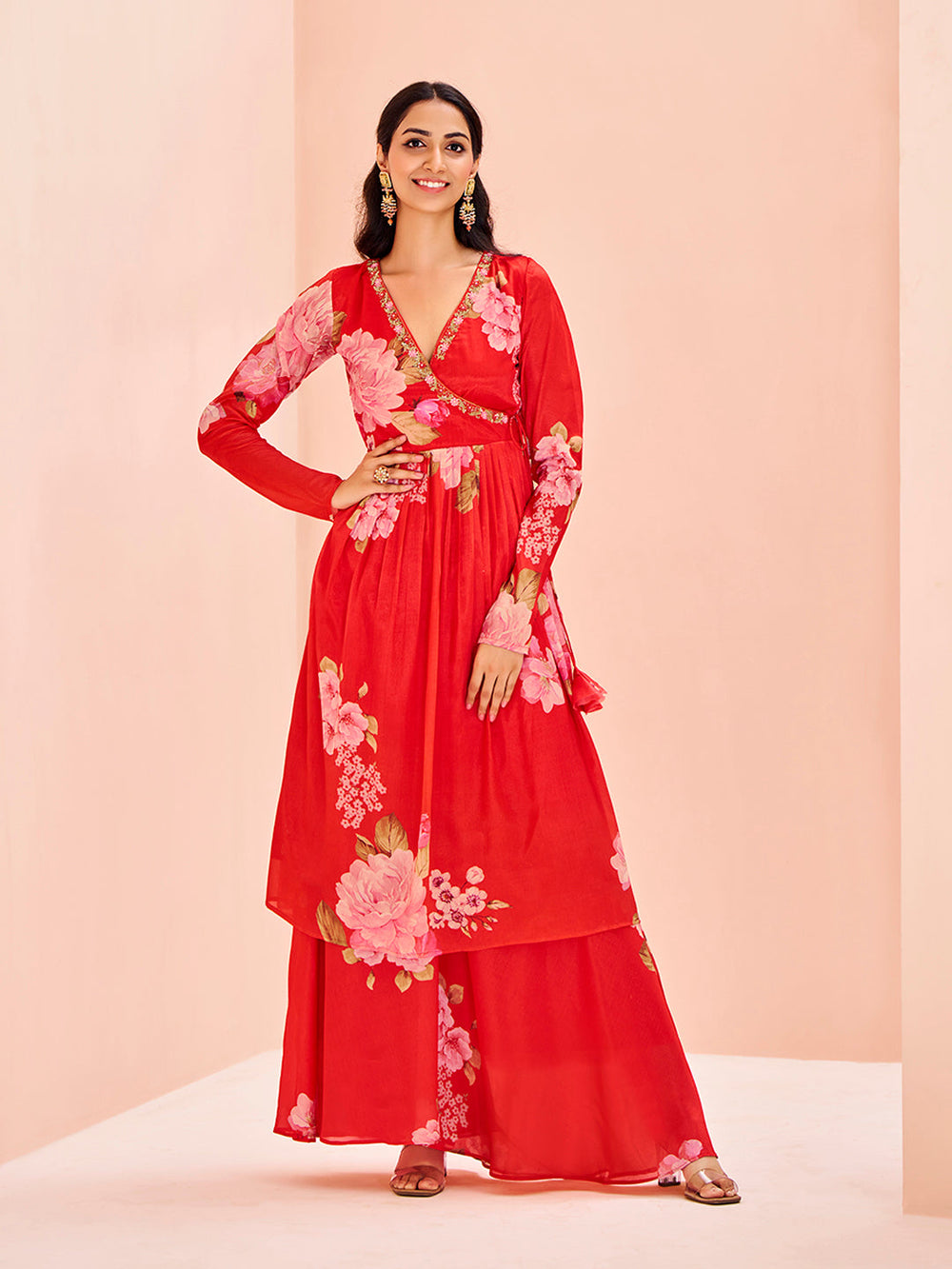Red Floral Chinon Kurta Set for Festive & Party Wear