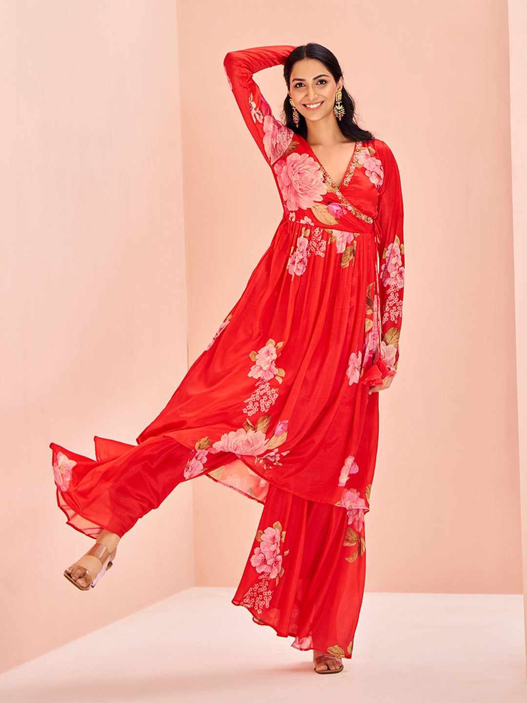 Red Floral Chinon Kurta Set for Festive & Party Wear