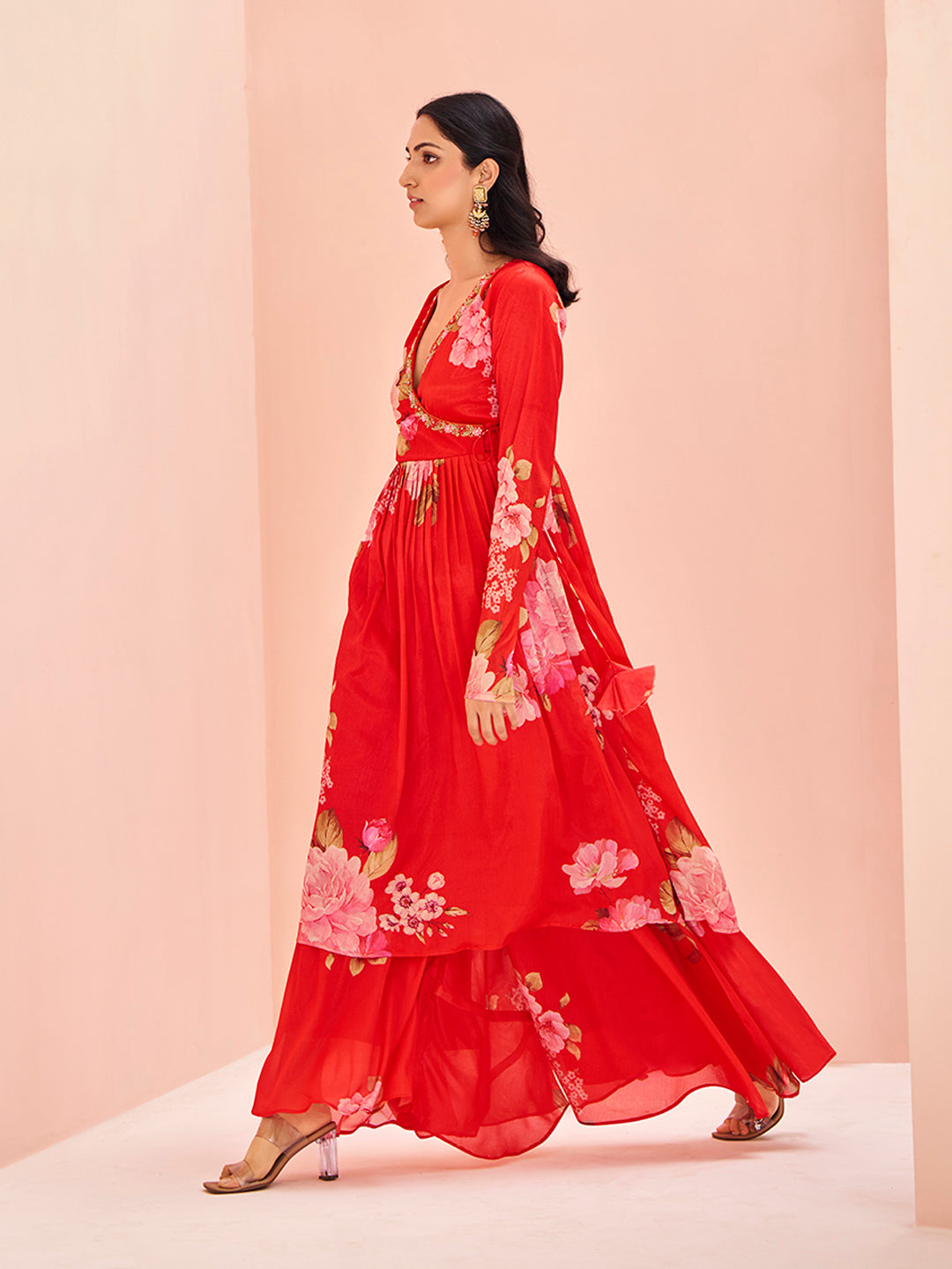 Red Floral Chinon Kurta Set for Festive & Party Wear