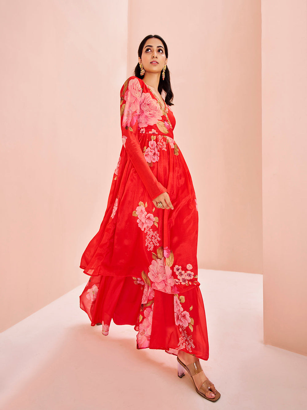 Red Floral Chinon Kurta Set for Festive & Party Wear