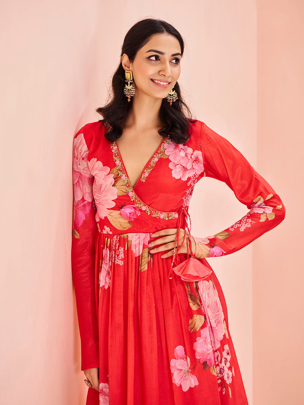 Red Floral Chinon Kurta Set for Festive & Party Wear