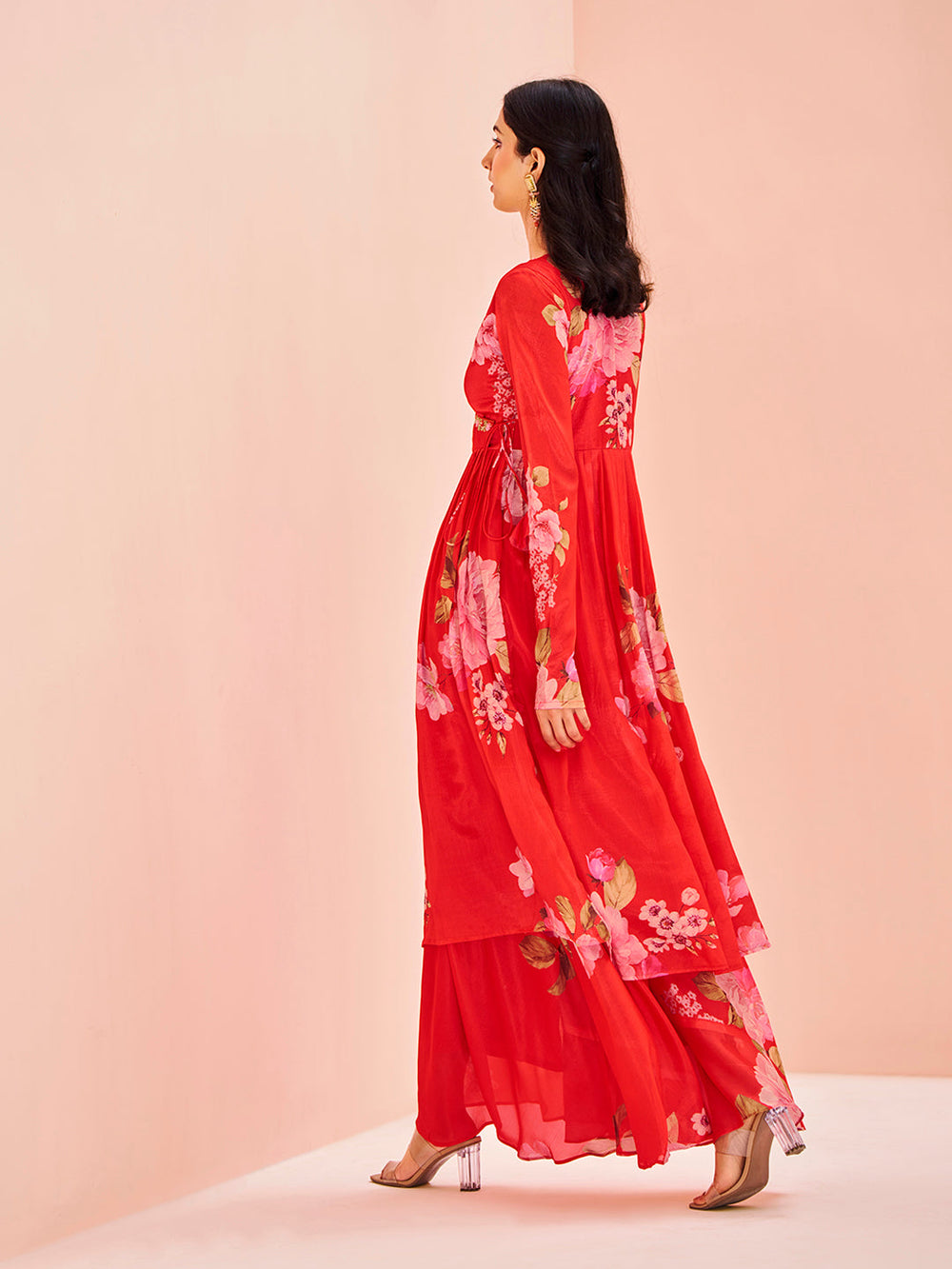 Red Floral Chinon Kurta Set for Festive & Party Wear