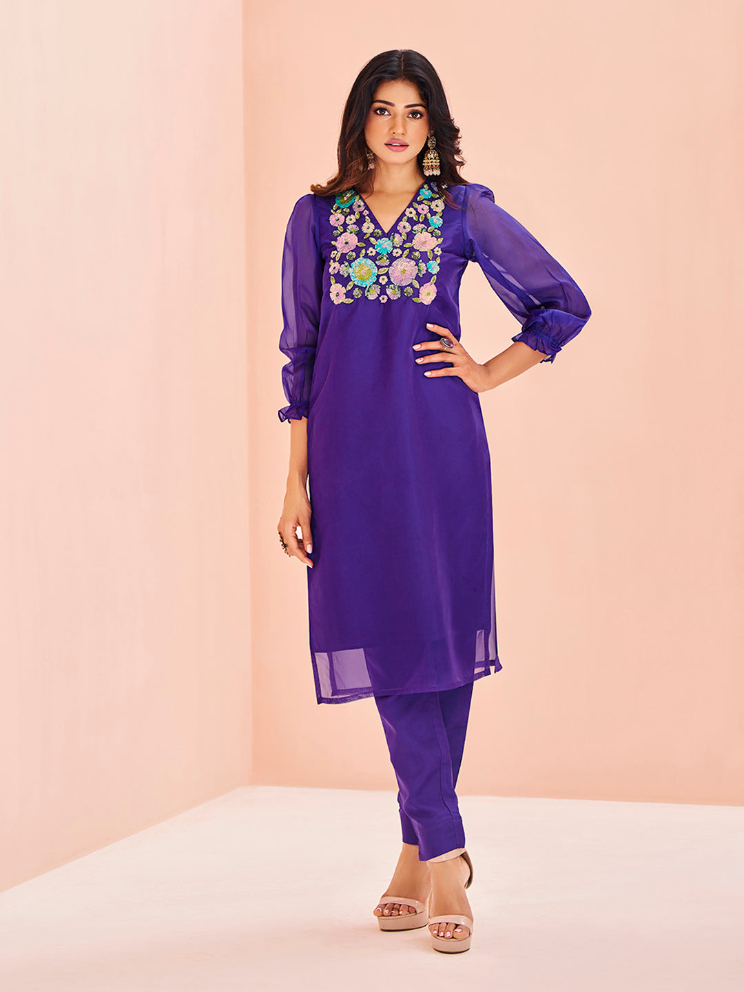 Purple Organza Handwork Embroidered Kurta Set for Festive Wear