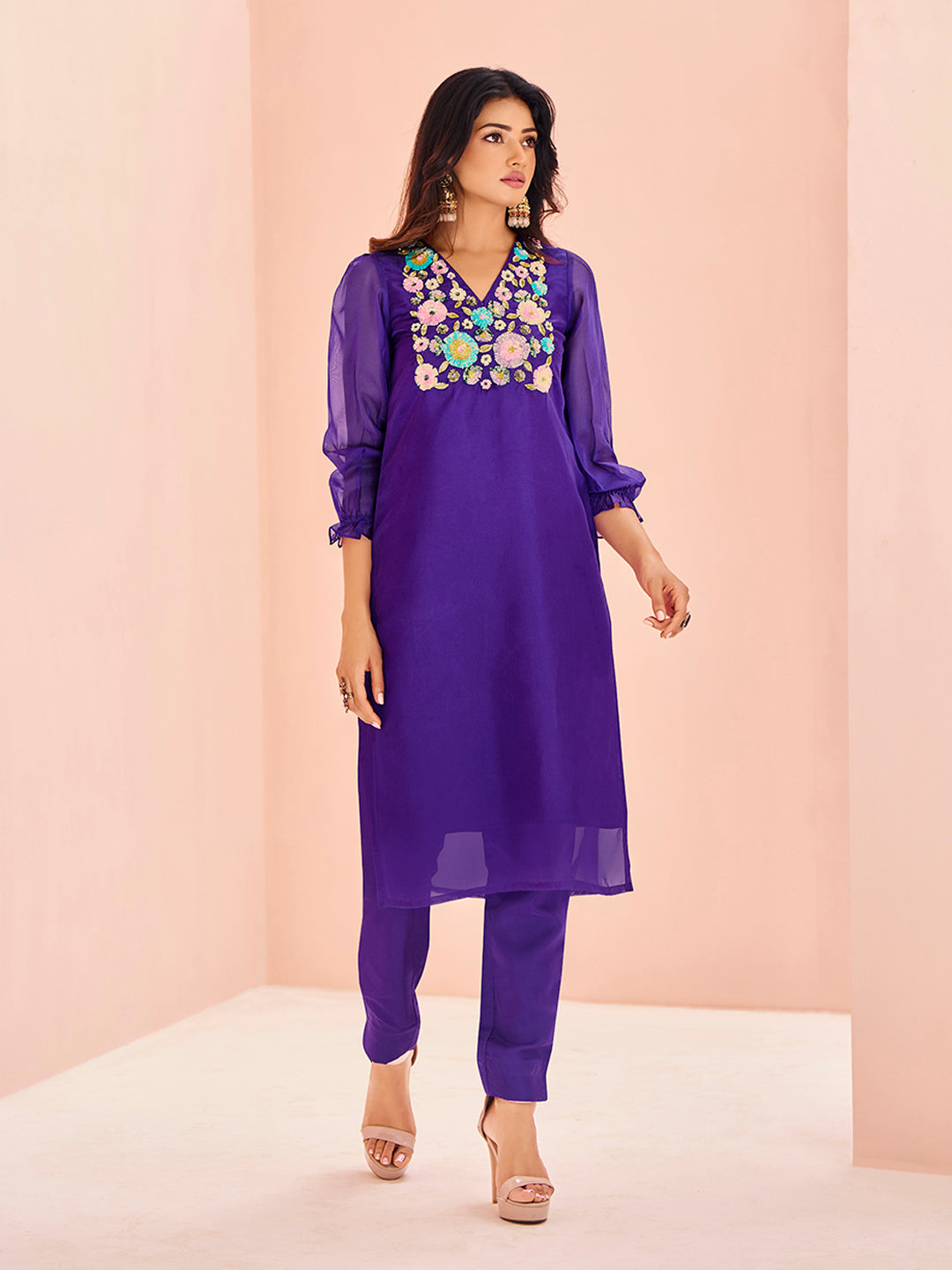 Purple Organza Handwork Embroidered Kurta Set for Festive Wear