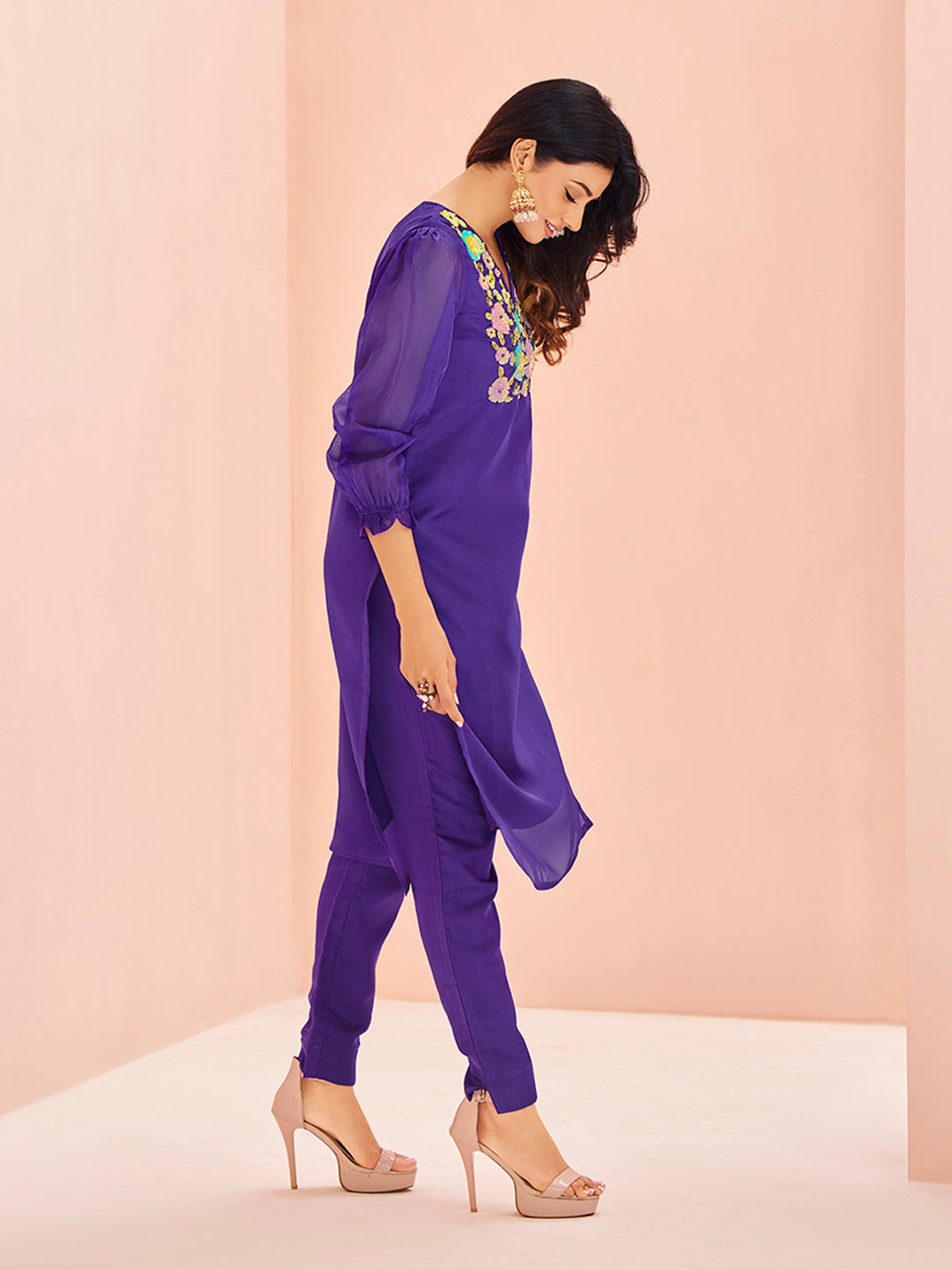 Purple Organza Handwork Embroidered Kurta Set for Festive Wear
