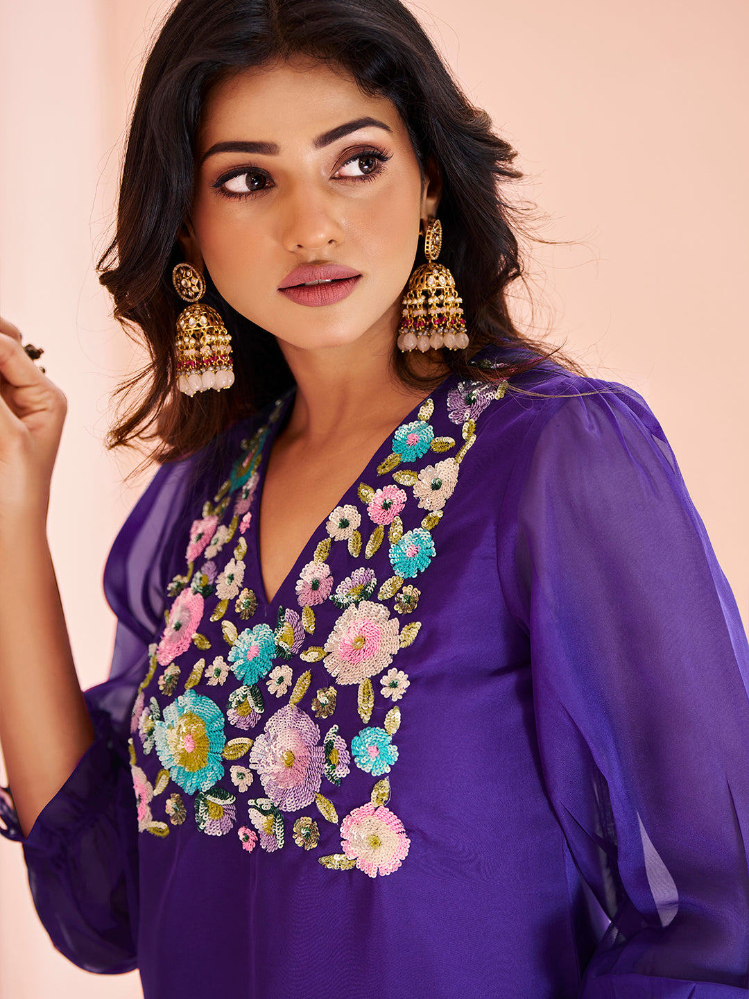 Purple Organza Handwork Embroidered Kurta Set for Festive Wear