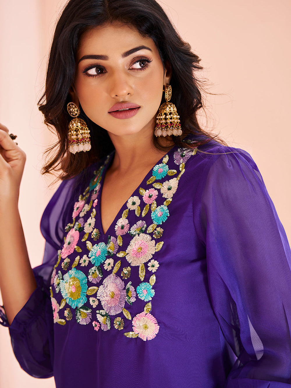 Purple Organza Handwork Embroidered Kurta Set for Festive Wear