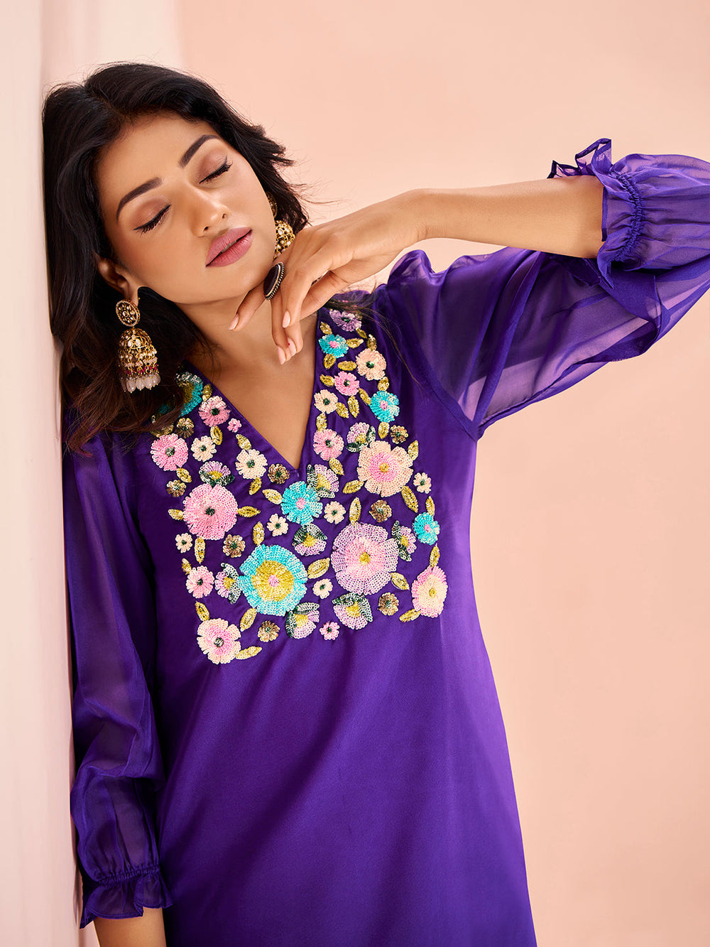 Purple Organza Handwork Embroidered Kurta Set for Festive Wear