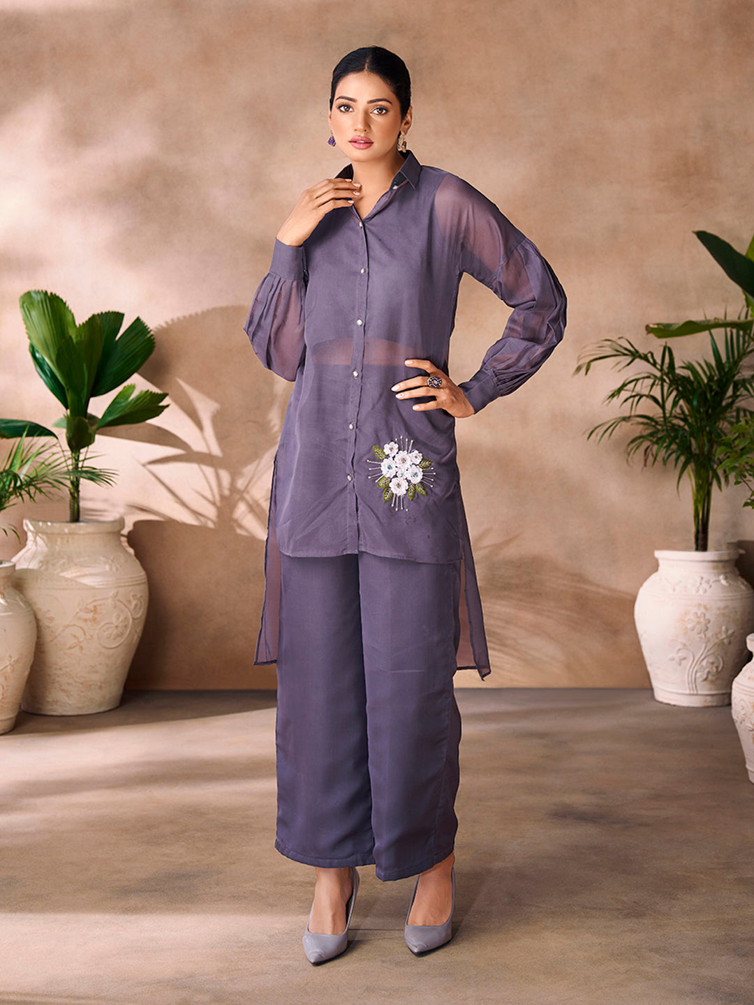 Ethereal Grey Floral Organza Ensemble Co-Ord Set for Festive Wear