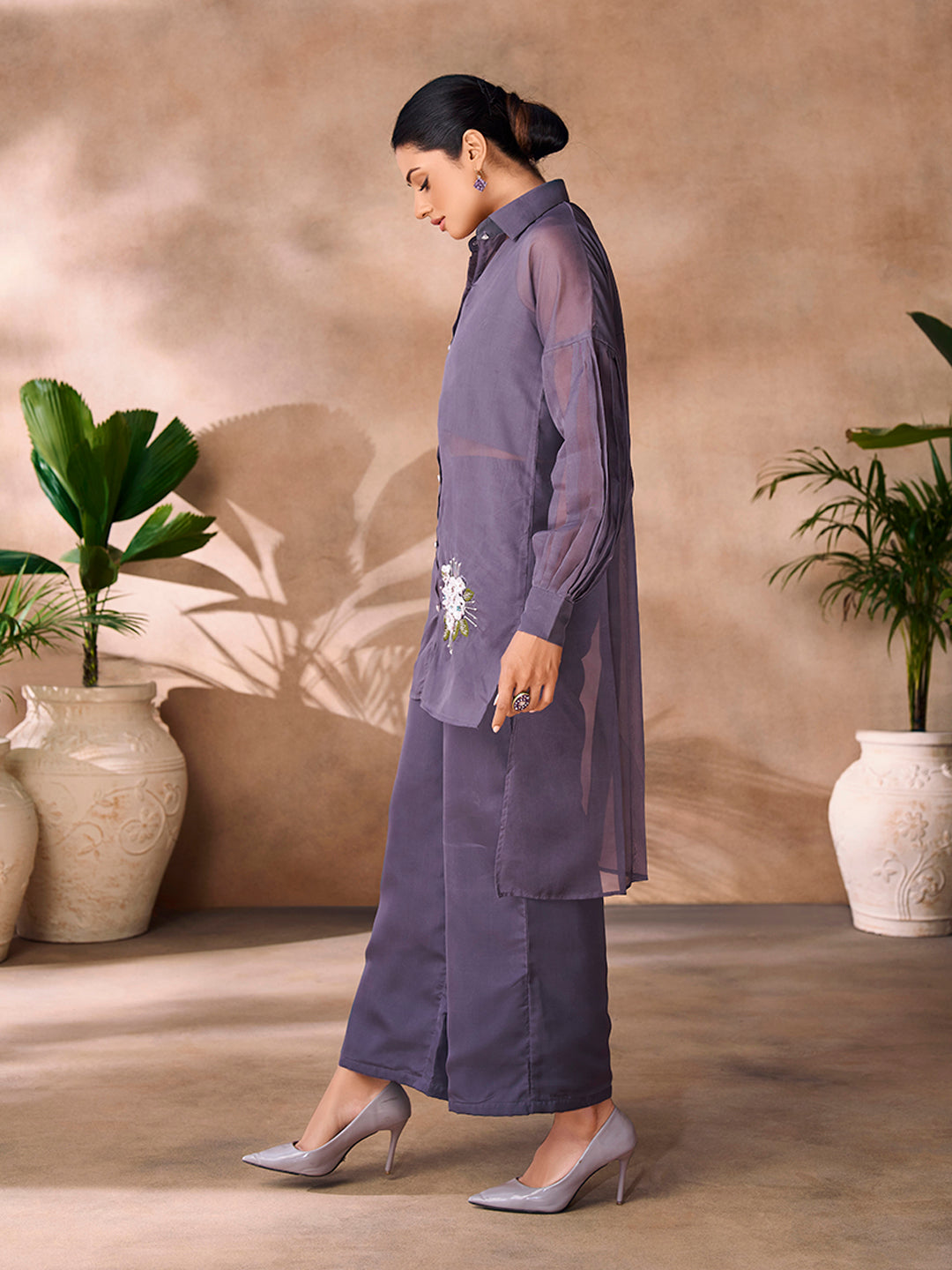 Ethereal Grey Floral Organza Ensemble Co-Ord Set for Festive Wear