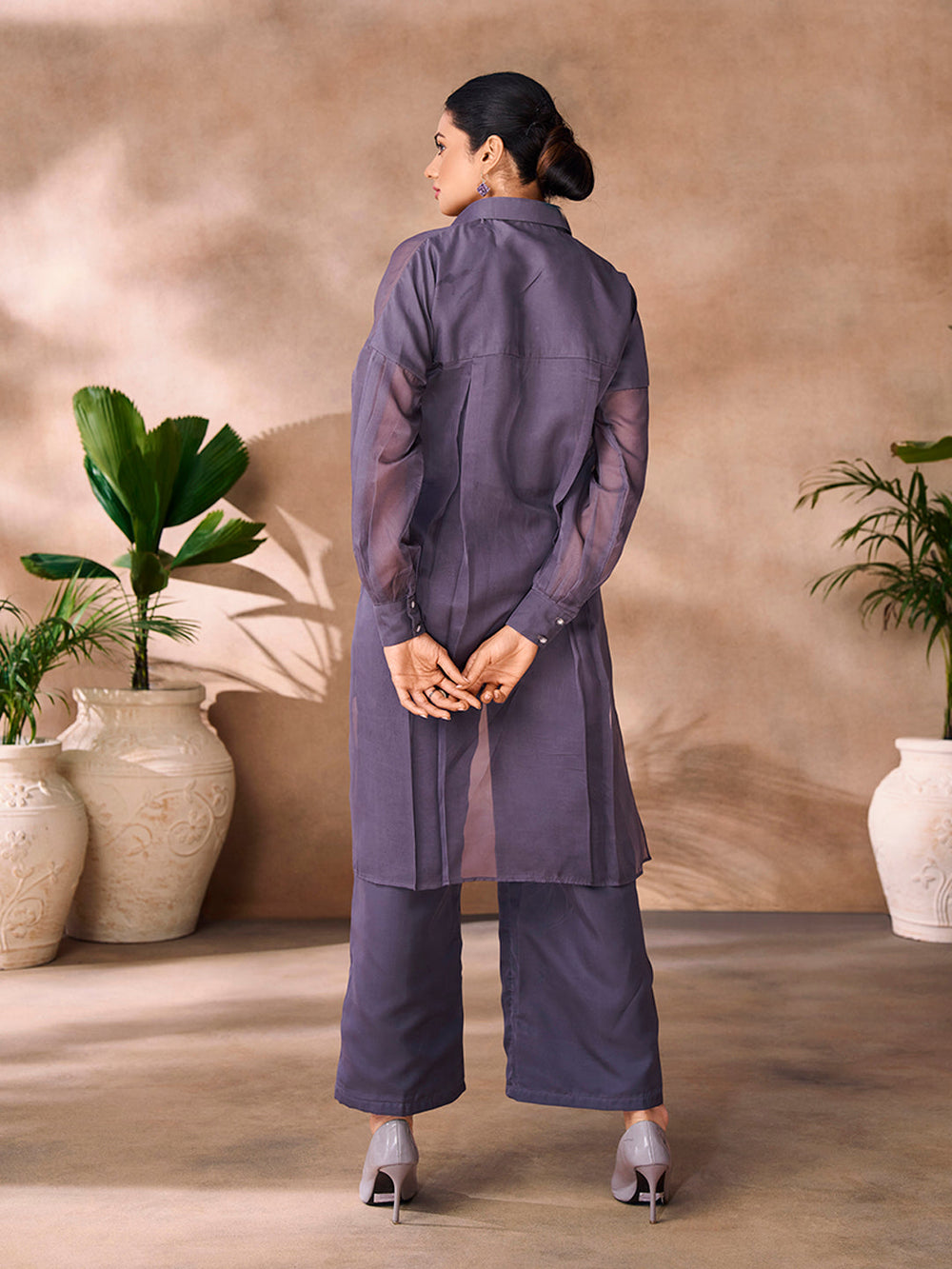 Ethereal Grey Floral Organza Ensemble Co-Ord Set for Festive Wear
