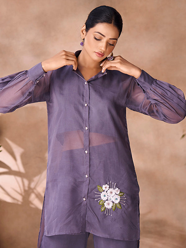 Ethereal Grey Floral Organza Ensemble Co-Ord Set for Festive Wear - Image 4