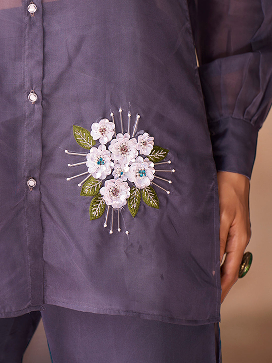 Ethereal Grey Floral Organza Ensemble Co-Ord Set for Festive Wear