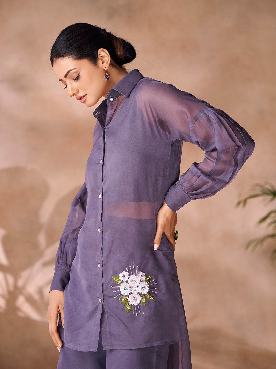 Ethereal Grey Floral Organza Ensemble Co-Ord Set for Festive Wear