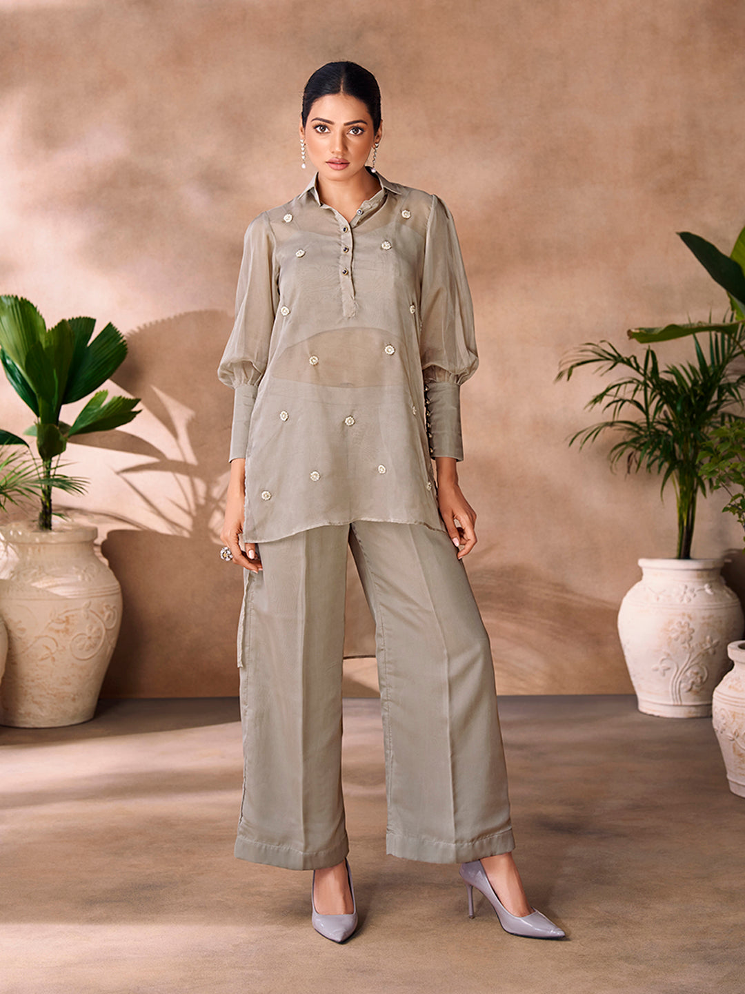 Serene Grey Handwork Organza Co-Ord Set for Festive & Party Wear