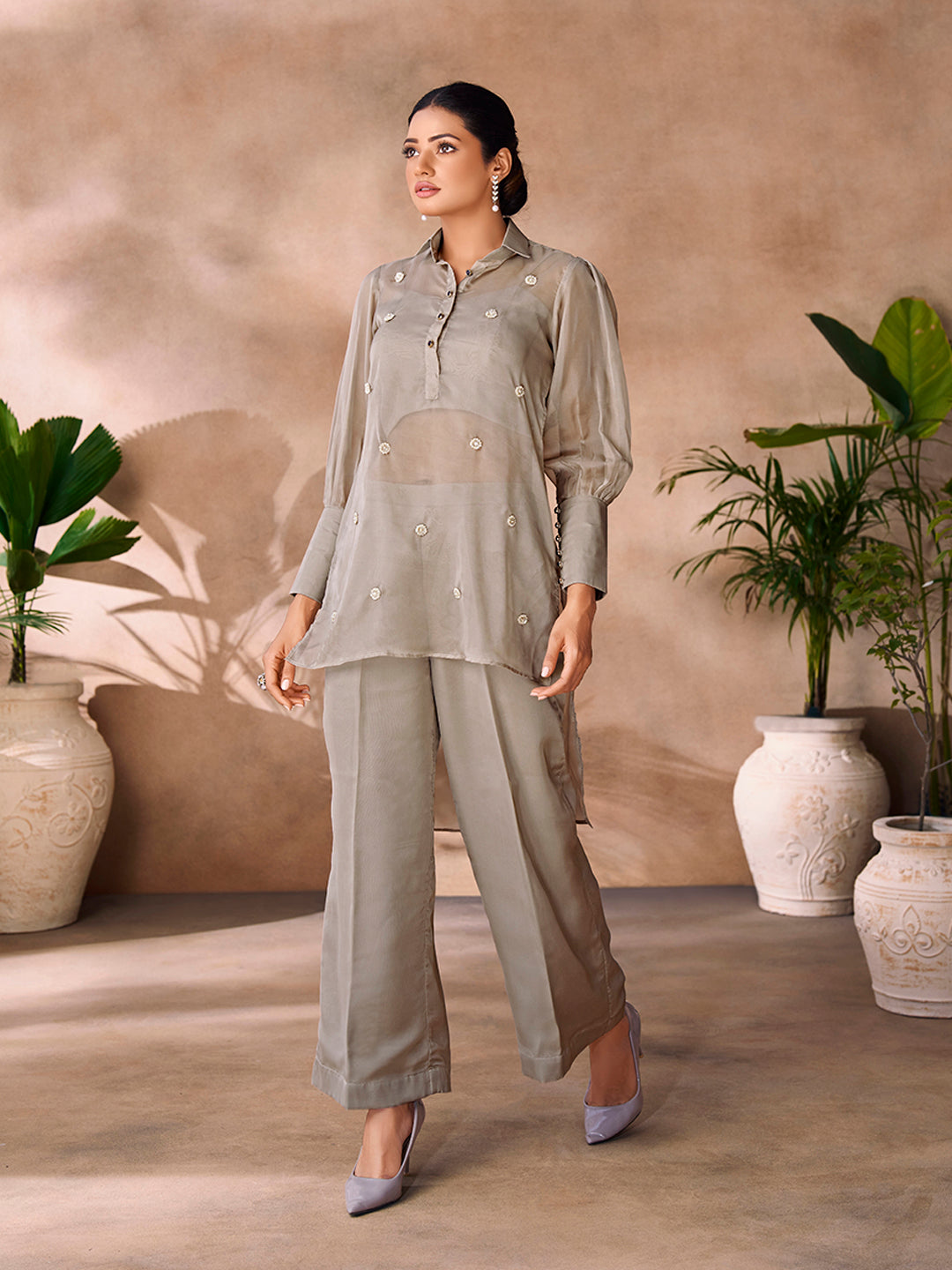 Serene Grey Handwork Organza Co-Ord Set for Festive & Party Wear