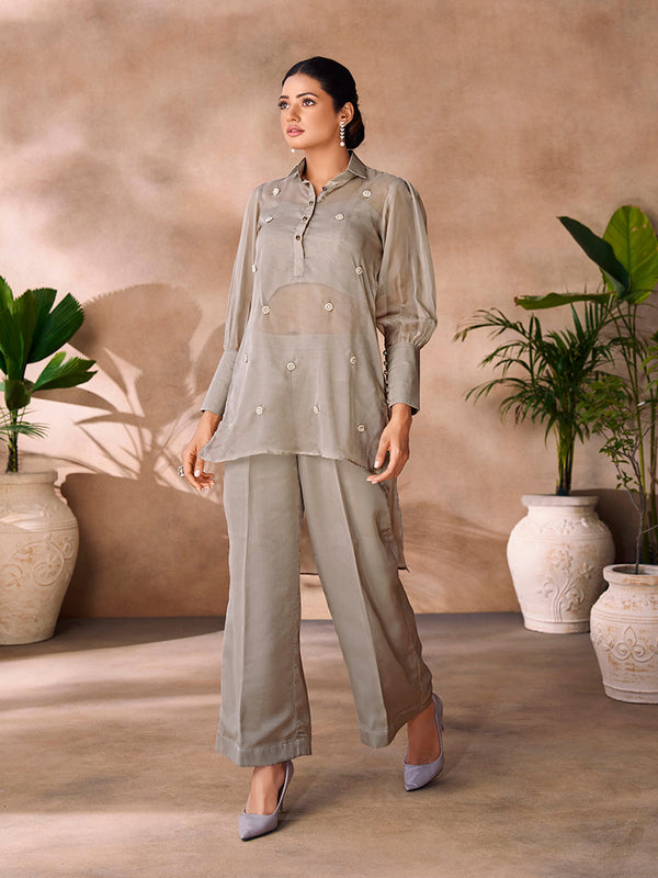 Serene Grey Handwork Organza Co-Ord Set for Festive & Party Wear - Image 1