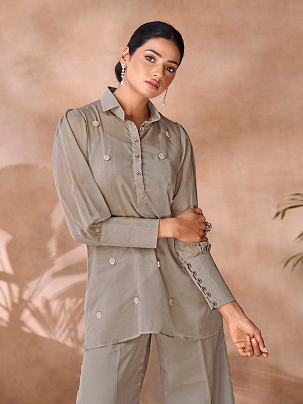 Serene Grey Handwork Organza Co-Ord Set for Festive & Party Wear - Image 3