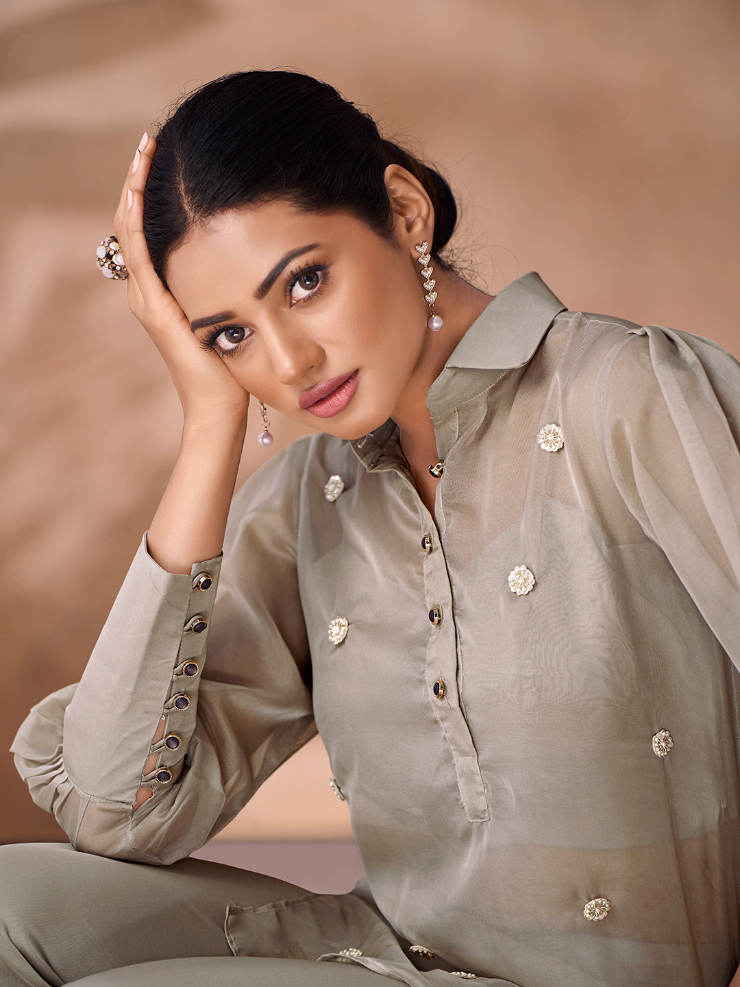 Serene Grey Handwork Organza Co-Ord Set for Festive & Party Wear