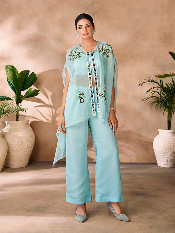 Aqua Blue Elegance Organza Co-Ord Set for Festive & Party Wear - Image 1