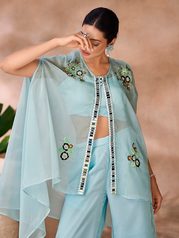 Aqua Blue Elegance Organza Co-Ord Set for Festive & Party Wear - Image 3