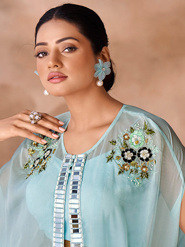 Aqua Blue Elegance Organza Co-Ord Set for Festive & Party Wear - Image 4