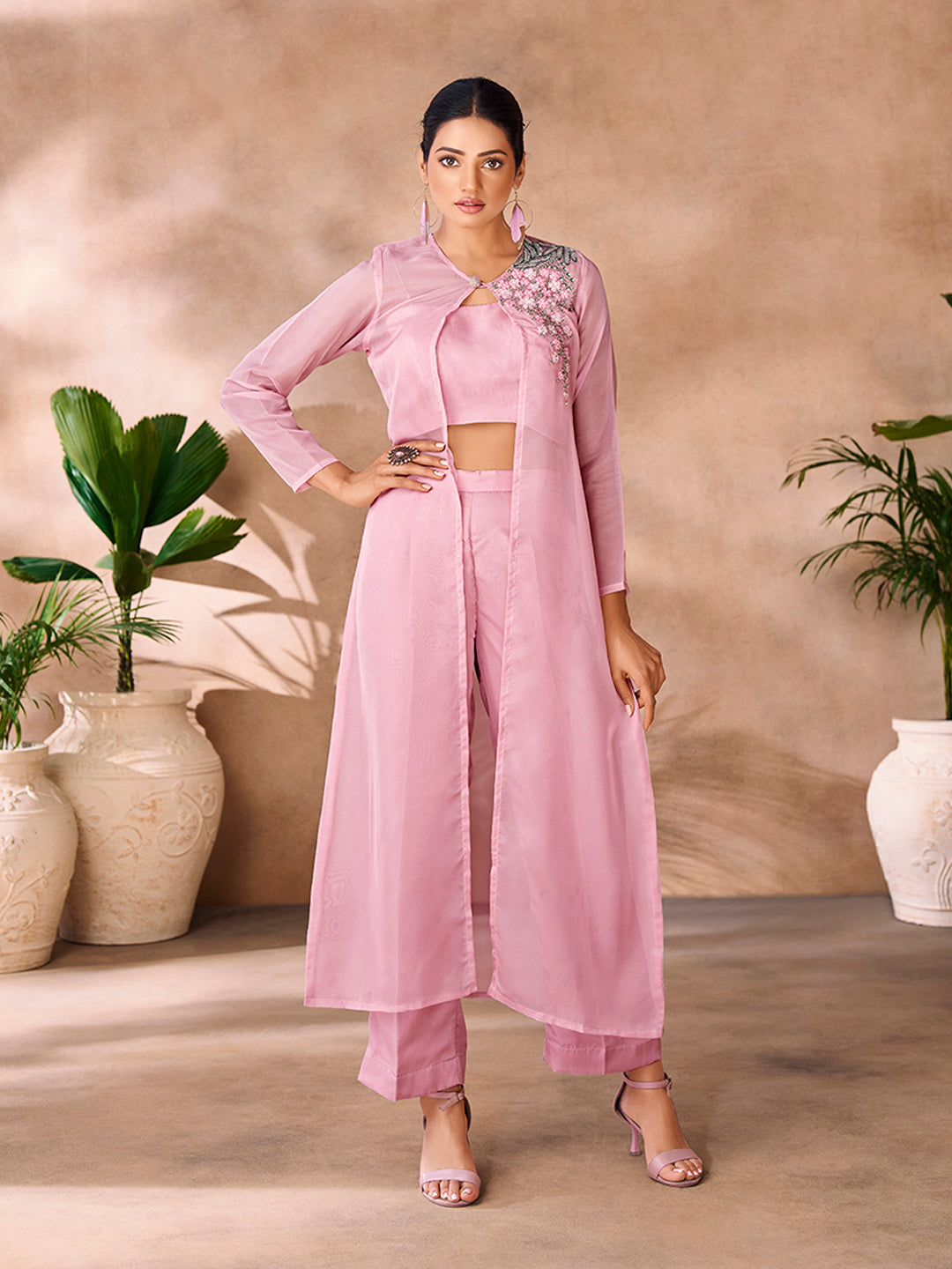 Baby Pink Premium Organza Co-Ord Set with Handcrafted Floral Work
