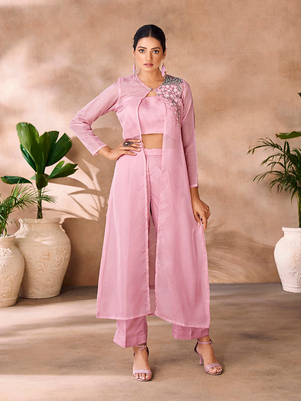 Baby Pink Premium Organza Co-Ord Set with Handcrafted Floral Work - Image 1