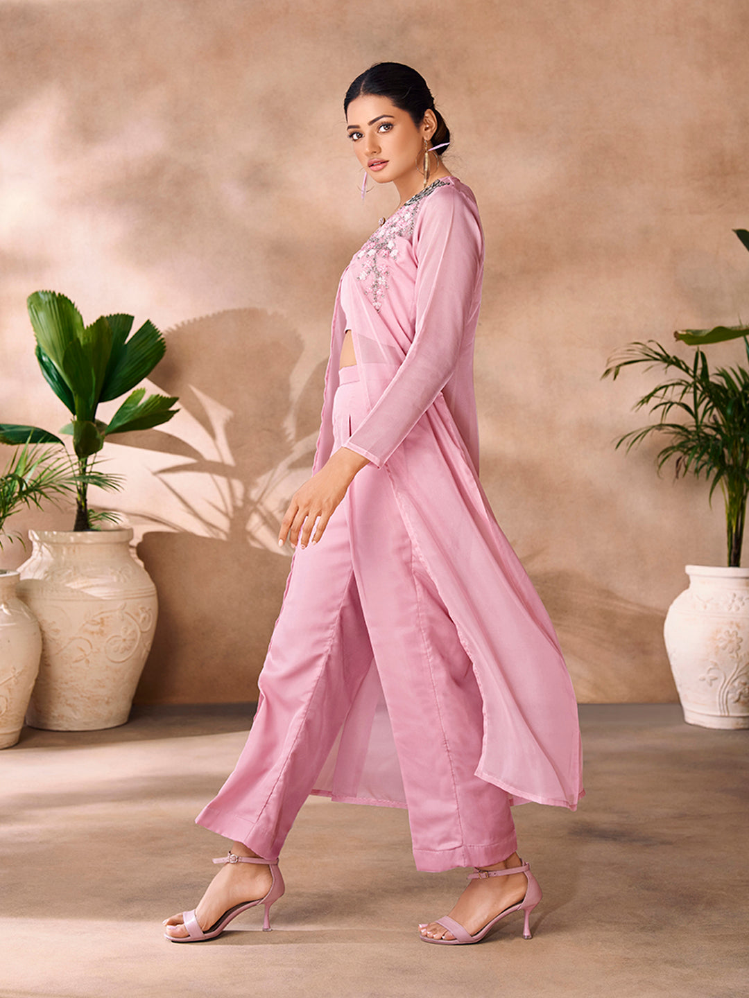 Baby Pink Premium Organza Co-Ord Set with Handcrafted Floral Work