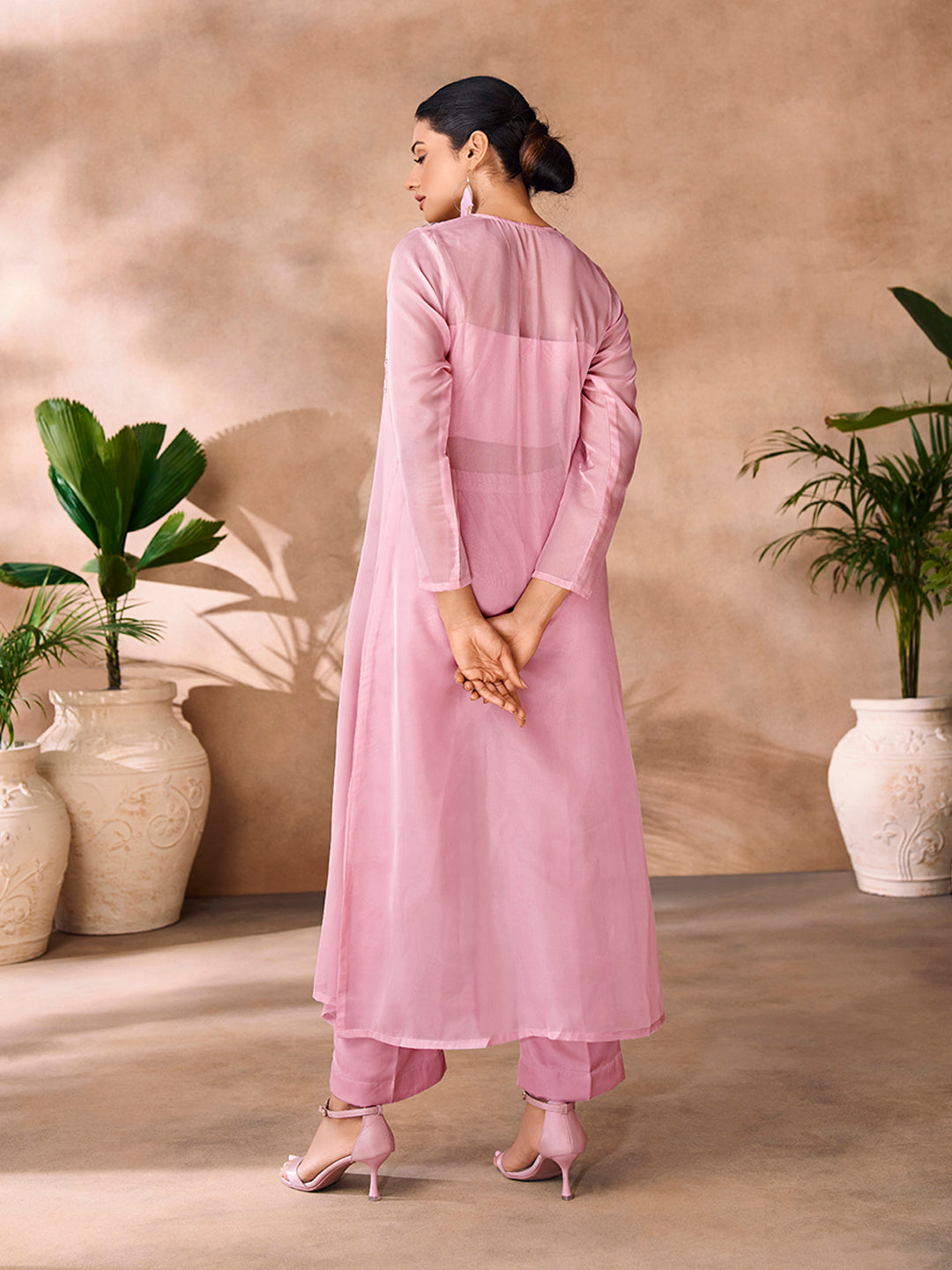 Baby Pink Premium Organza Co-Ord Set with Handcrafted Floral Work