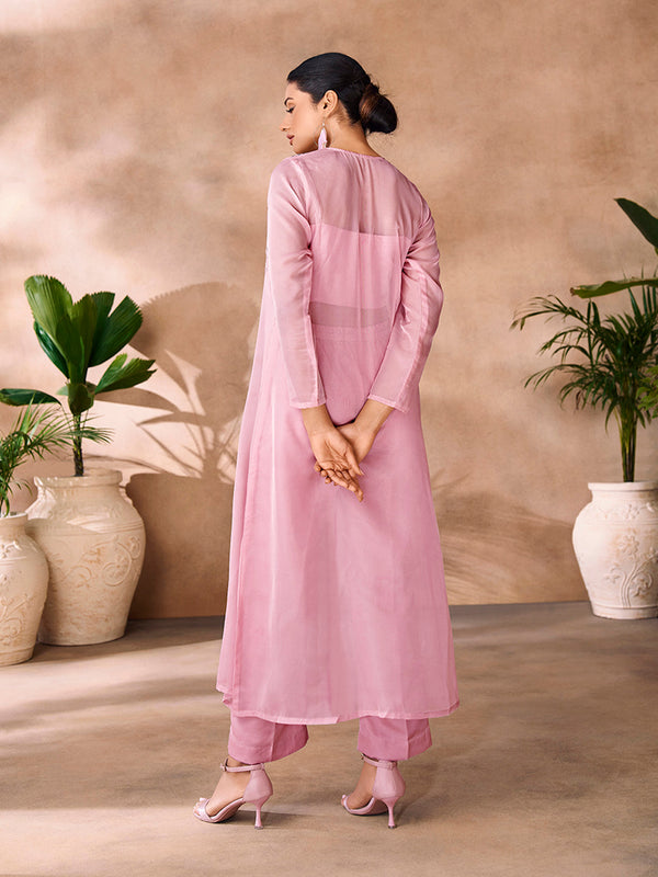 Baby Pink Premium Organza Co-Ord Set with Handcrafted Floral Work - Image 4