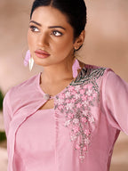 Baby Pink Premium Organza Co-Ord Set with Handcrafted Floral Work