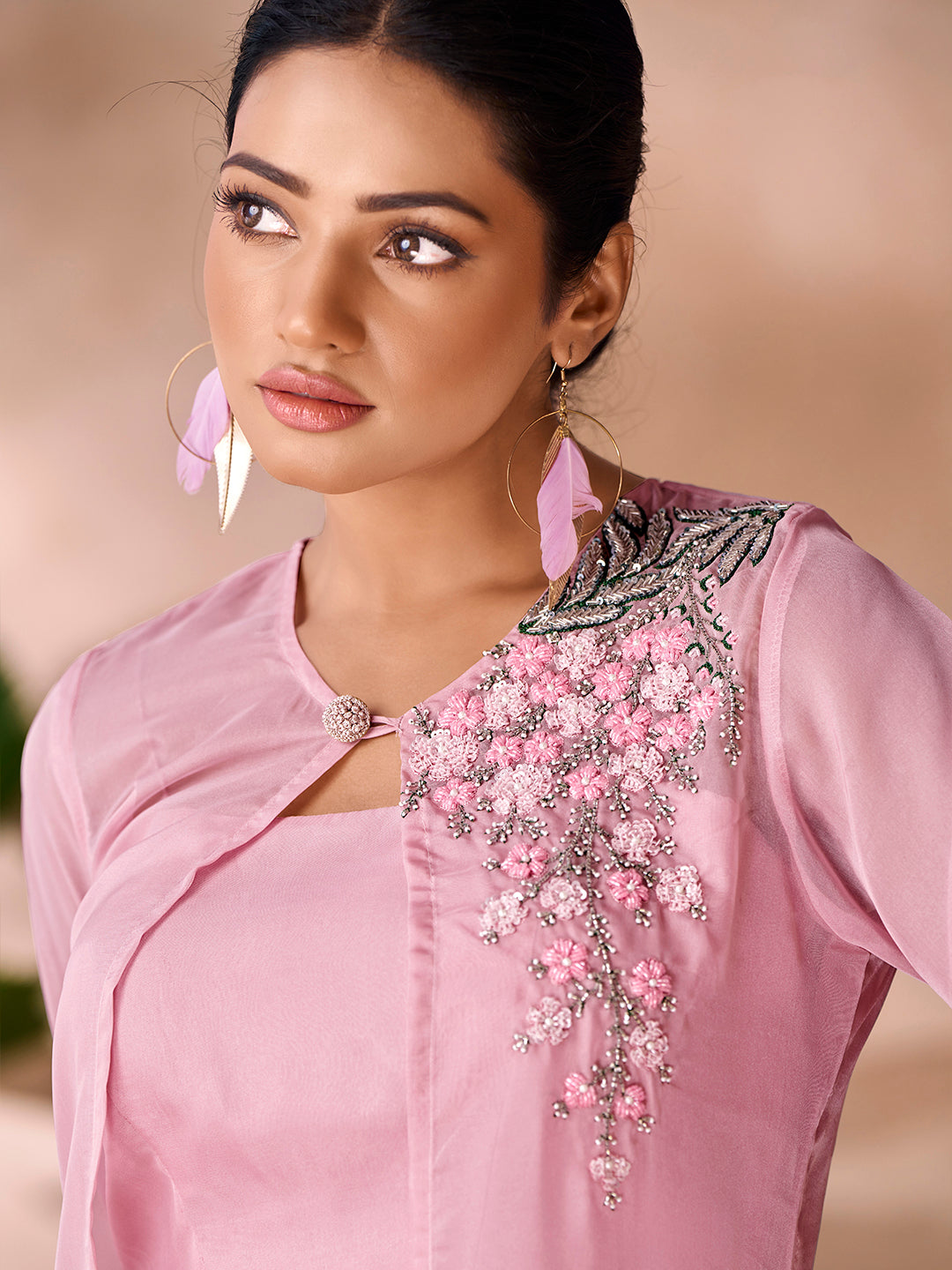 Baby Pink Premium Organza Co-Ord Set with Handcrafted Floral Work