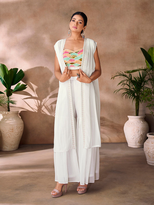 Premium White Georgette Hand Embellished Co-Ord Set for Women - Image 1