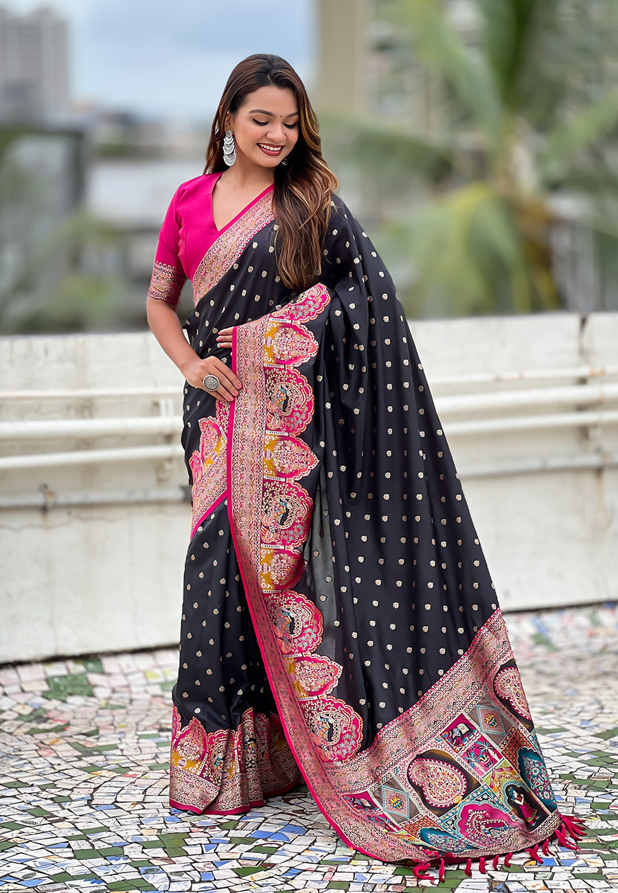 Jade Black Pashmina Darbari Silk Zari Woven Saree