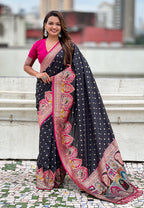 Jade Black Pashmina Darbari Silk Zari Woven Saree