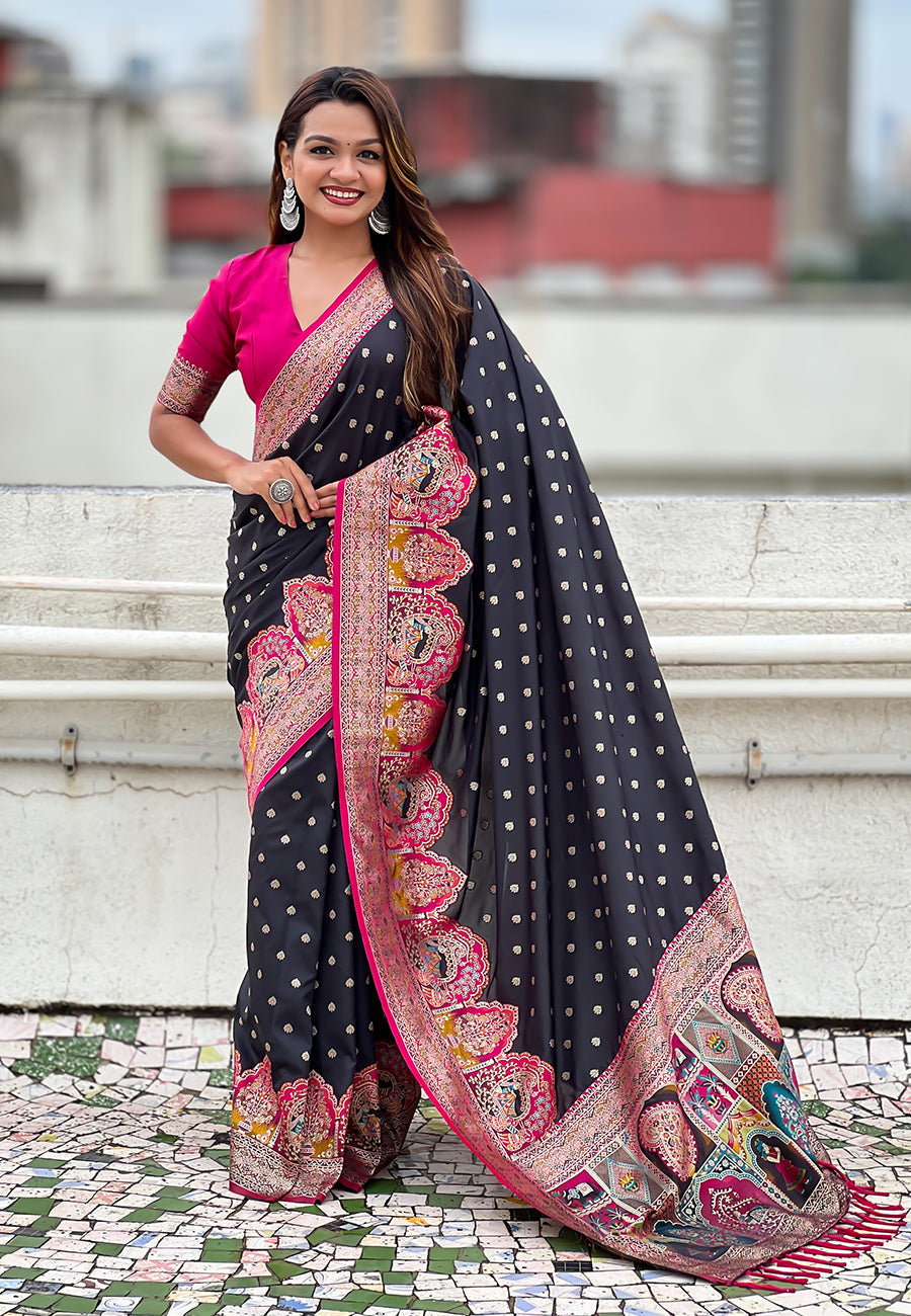 Jade Black Pashmina Darbari Silk Zari Woven Saree