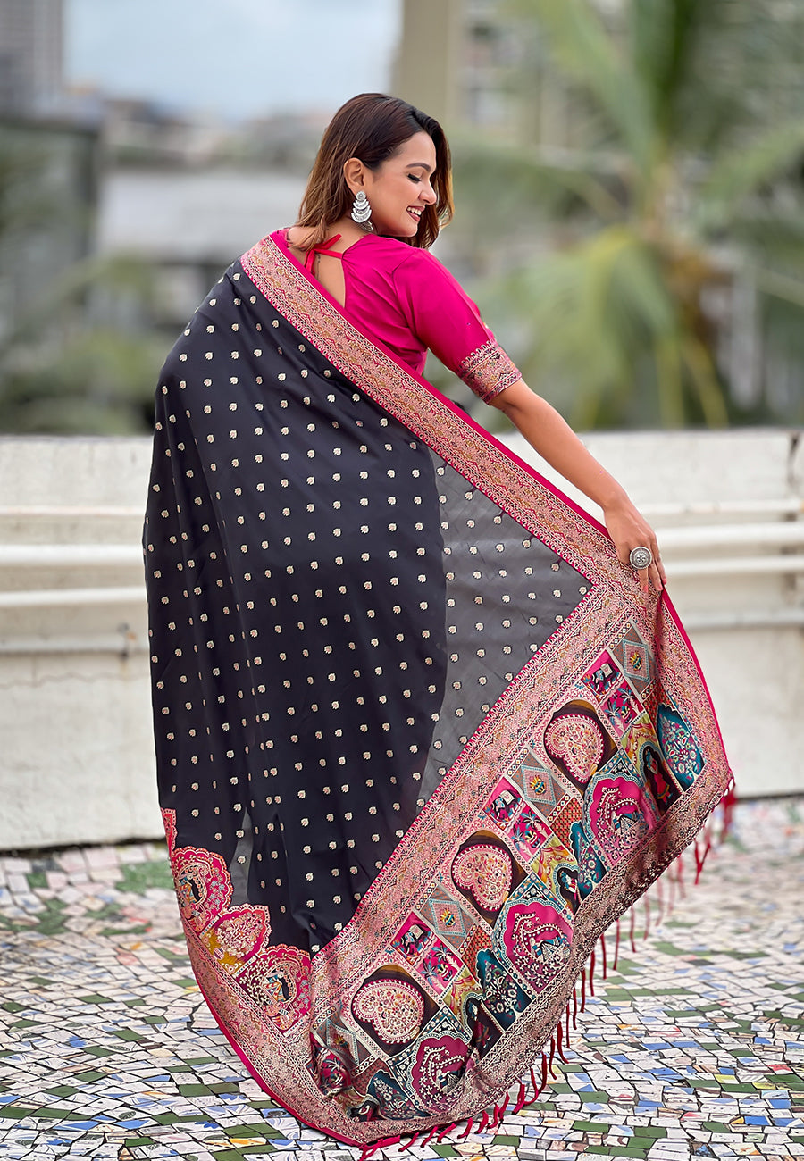 Jade Black Pashmina Darbari Silk Zari Woven Saree