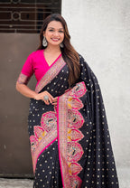 Jade Black Pashmina Darbari Silk Zari Woven Saree