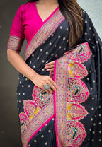 Jade Black Pashmina Darbari Silk Zari Woven Saree