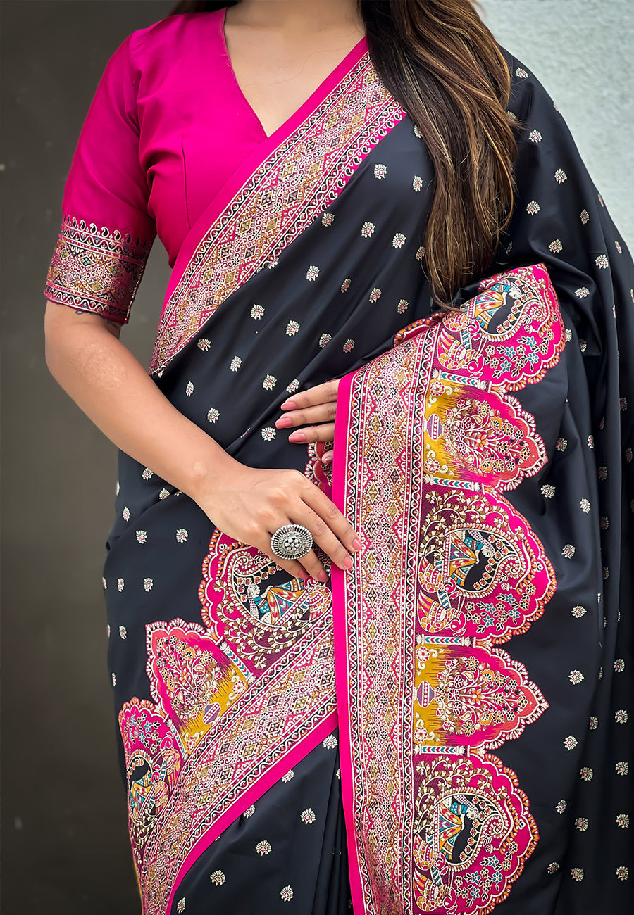 Jade Black Pashmina Darbari Silk Zari Woven Saree