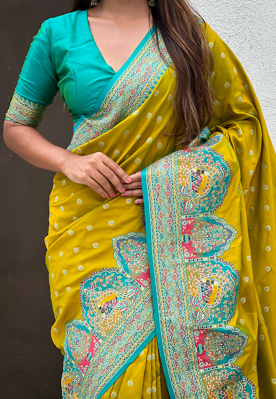 Mehendi Green Pashmina Darbari Silk Zari Woven Saree