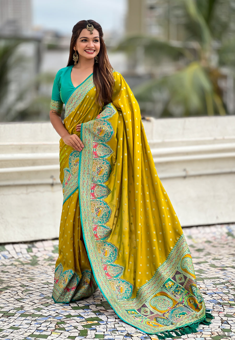 Mehendi Green Pashmina Darbari Silk Zari Woven Saree
