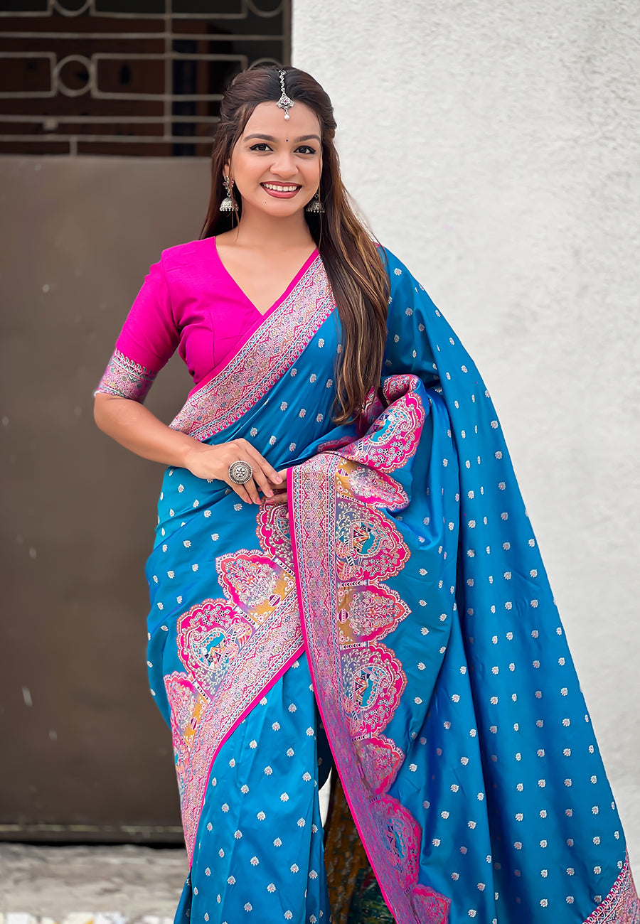 Blue Pashmina Darbari Silk Zari Woven Saree