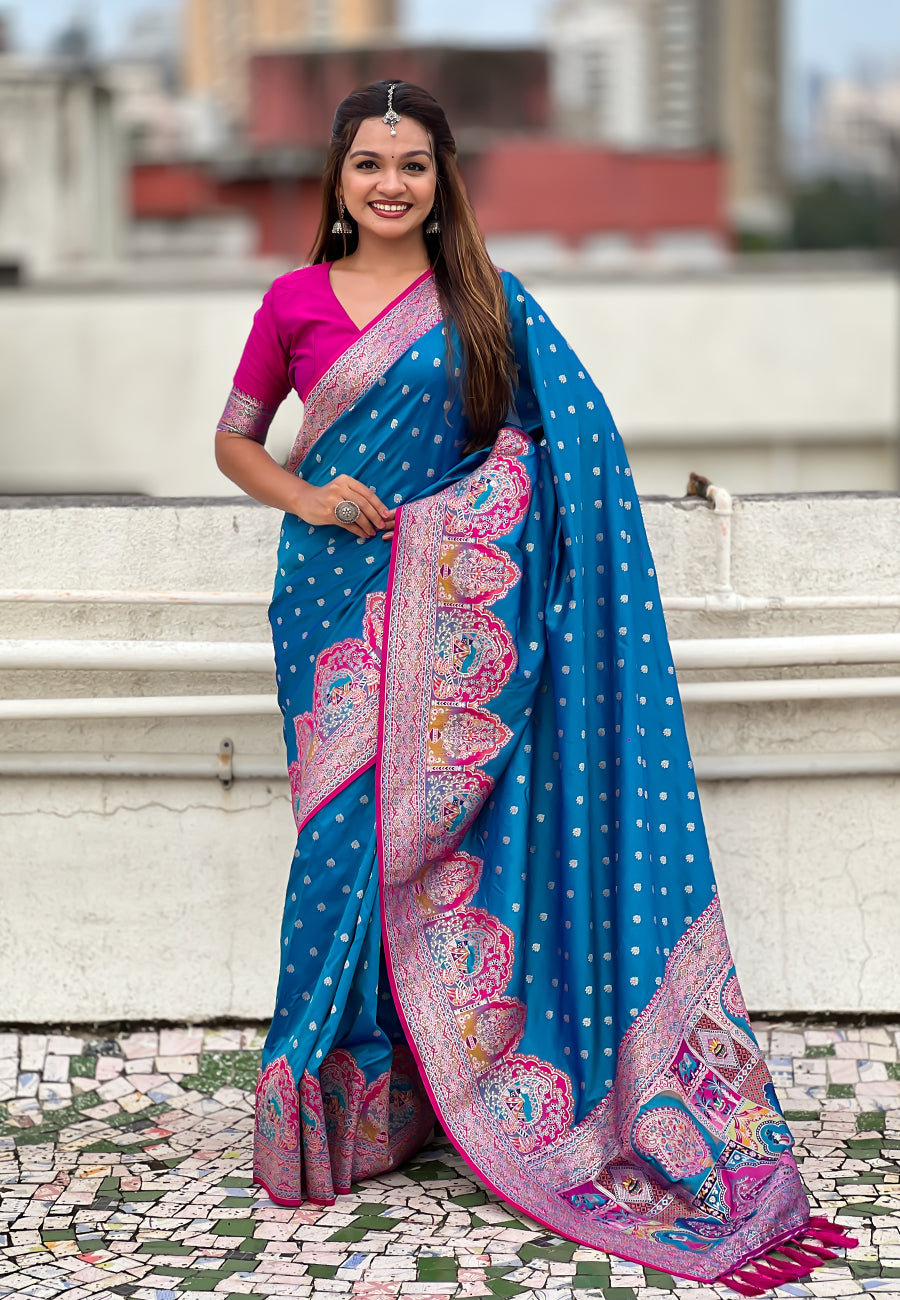 Blue Pashmina Darbari Silk Zari Woven Saree