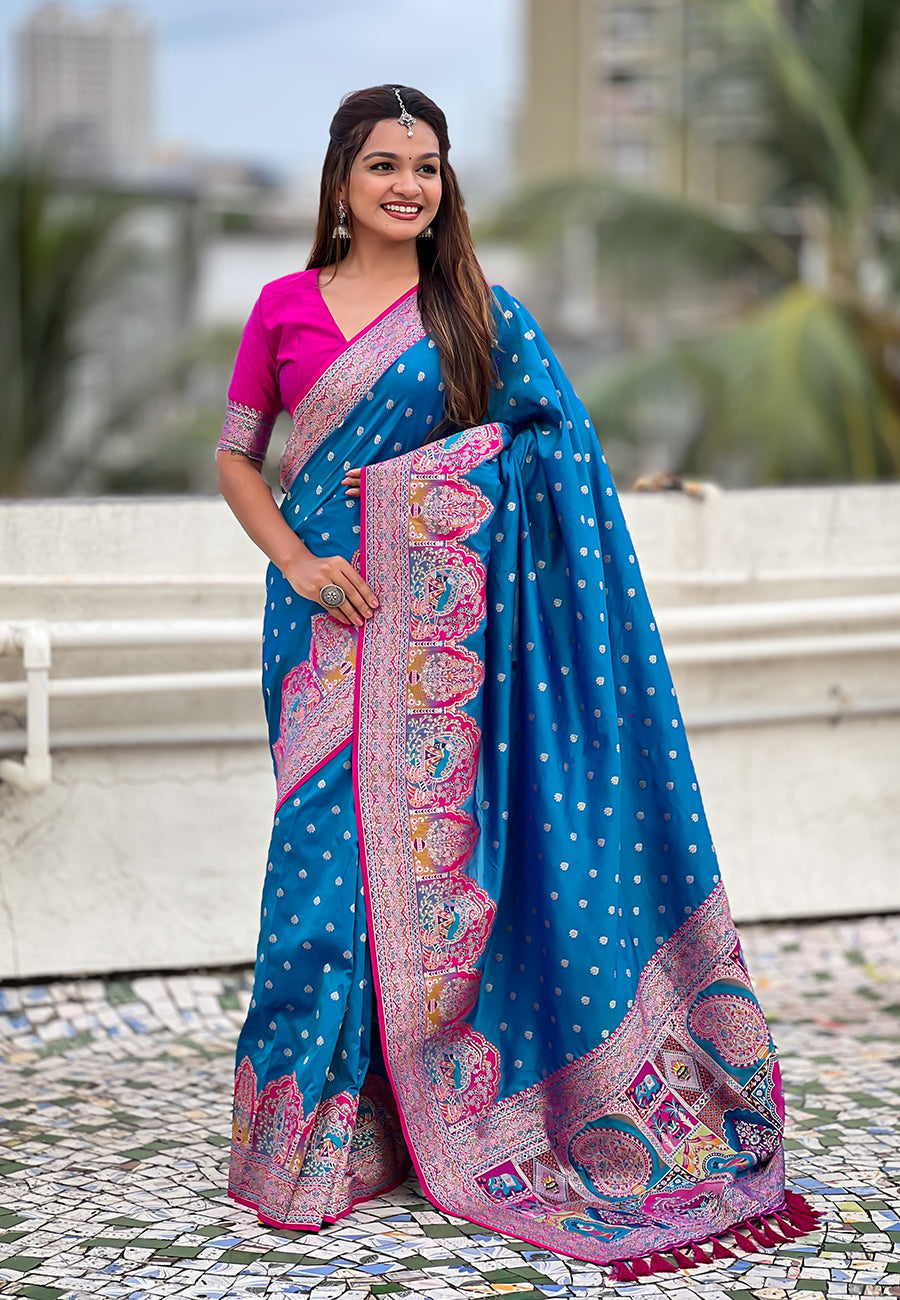 Blue Pashmina Darbari Silk Zari Woven Saree