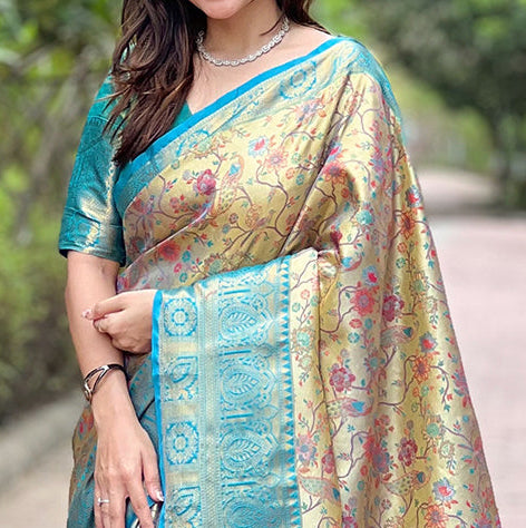 Sea Green Original Dharmavaram Silk Traditional Zari Woven Saree