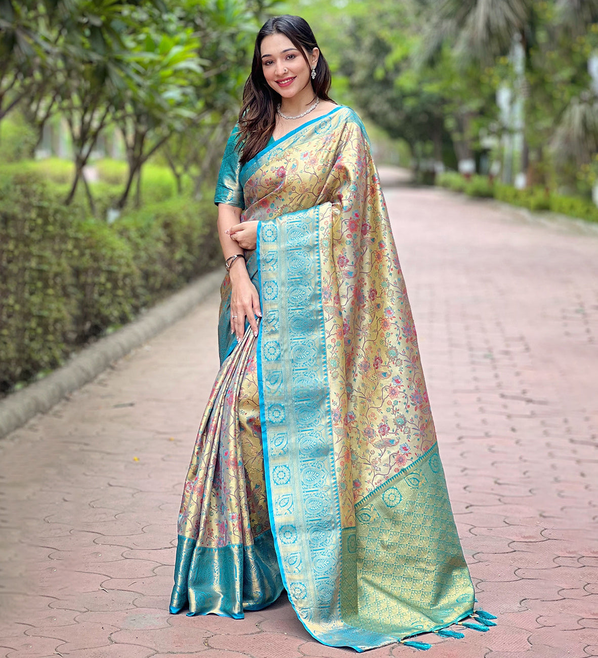 Sea Green Original Dharmavaram Silk Traditional Zari Woven Saree